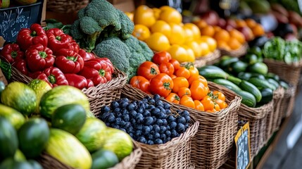 Vibrant Vegetable and Fruit Display on Woven Baskets at Local Market Featuring Fresh Produce and Healthy Food Options with Colorful Arrangement