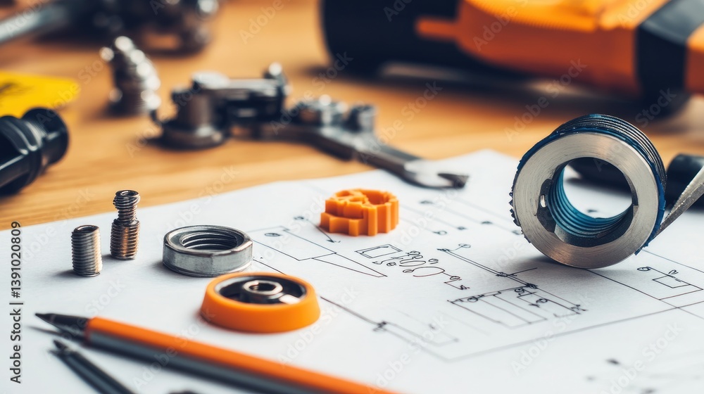 Poster close-up of blueprint with detailed mechanical parts and annotated dimensions on a design desk, no p