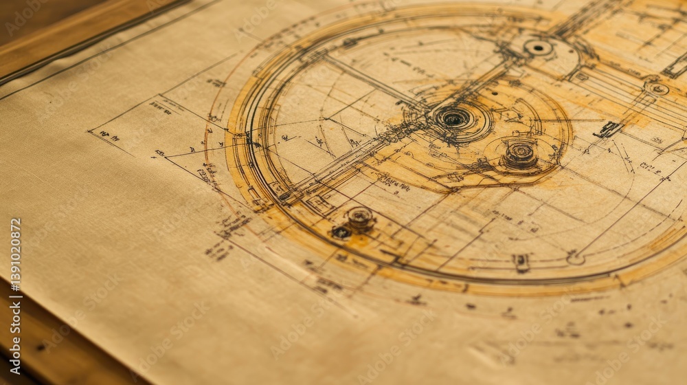 Poster close-up of blueprint with detailed mechanical parts and annotated dimensions on a design desk, no p