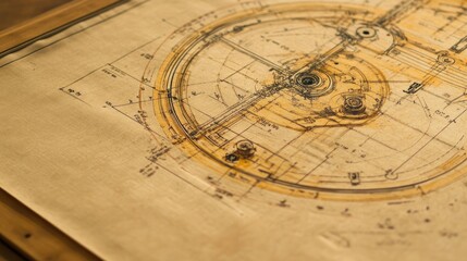 Close-up of blueprint with detailed mechanical parts and annotated dimensions on a design desk, no people
