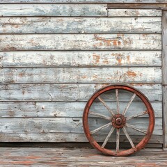 Obraz premium Close-up of a weathered wagon wheel leaning against an old wooden barn, cracks and textures visible
