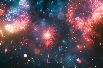 Vivid Fireworks Exploding Over City Skyline at Night Celebration in Dark Blue Sky