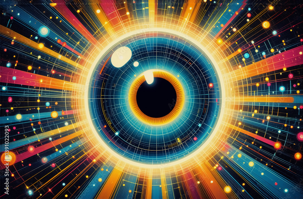 Poster a vibrant sphere, resembling an eye, bursts with colorful light rays. energetic lines emanate from t