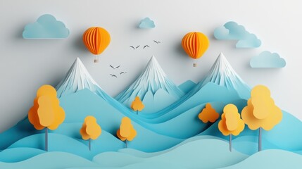 Paper Art Mountain Landscape with Hot Air Balloons