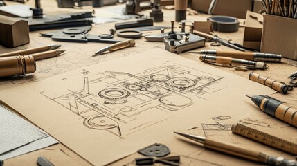 Desk with engineer's sketch of a gear mechanism and mechanical drawing instruments, no people