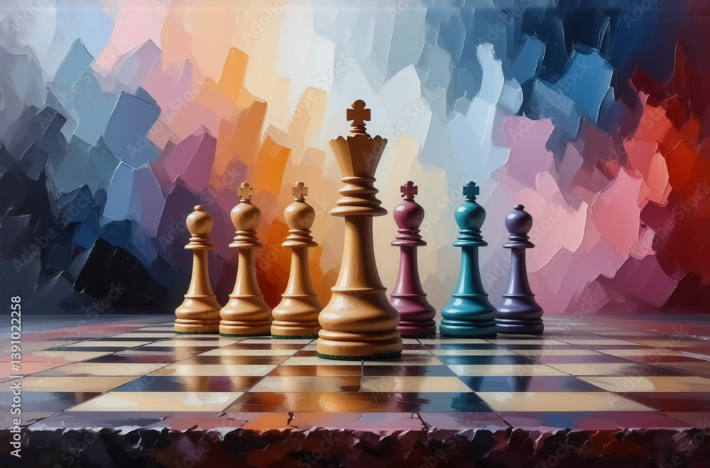 Poster chess pieces arranged on a chessboard with a vibrant, abstract backdrop featuring a spectrum of colo
