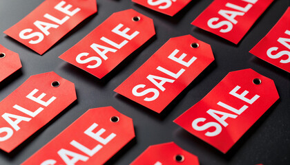 Red sale tags displayed on a black background  