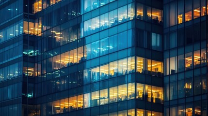 Obraz premium Night city skyscraper offices glowing, busy workers, urban background, corporate