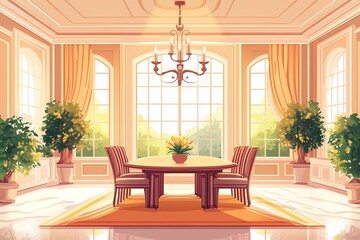 Modern Dining Room Interior Design with Elegant Chandelier and Sunlit Large Windows