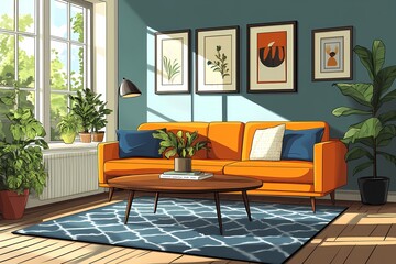 Fototapeta premium Modern Minimalist Living Room Interior Design with Orange Sofa and Cozy Decor