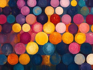 Multicolored circular shapes densely arranged in abstract pattern. Oil painting texture with visible brush strokes. Abstract background. Modern art concept for design and print.