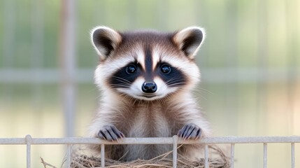 Cute raccoon behind fence