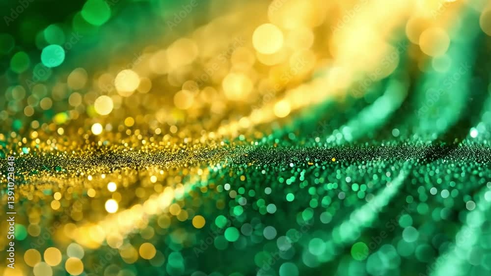 Poster shimmering green and gold bokeh lights create vibrant background, evoking celebration and joy, while