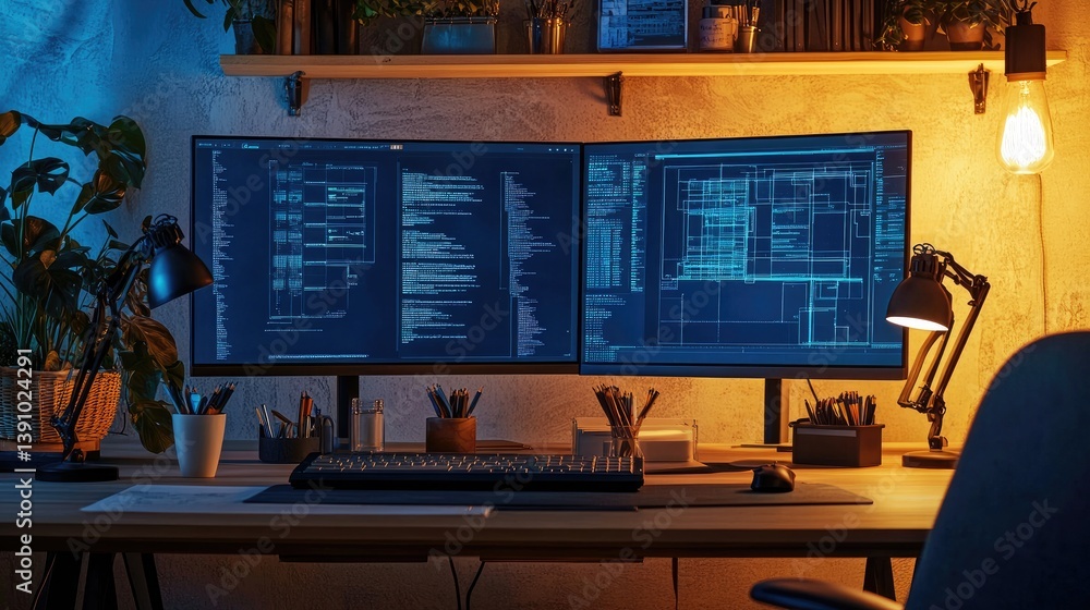 Poster engineer's desk with dual monitors displaying cad models and digital schematics, no people