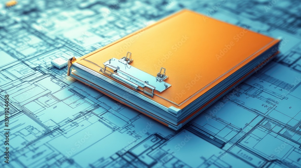 Poster engineer's documentation binder with tabbed blueprints and system update logs, no people
