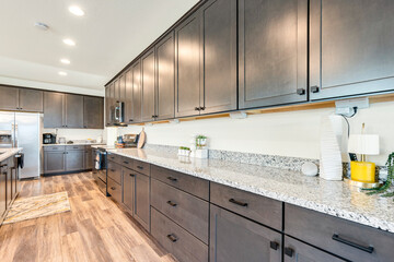 A modern kitchen with gray cabinets and stunning granite tops