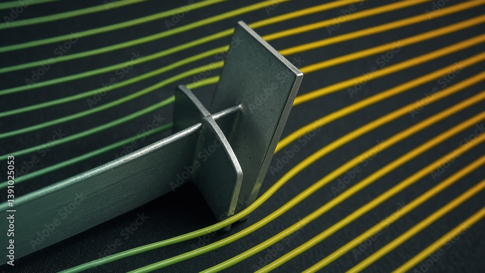 Poster air duct engineering design showcases sleek metal component interacting with flowing lines, illustra
