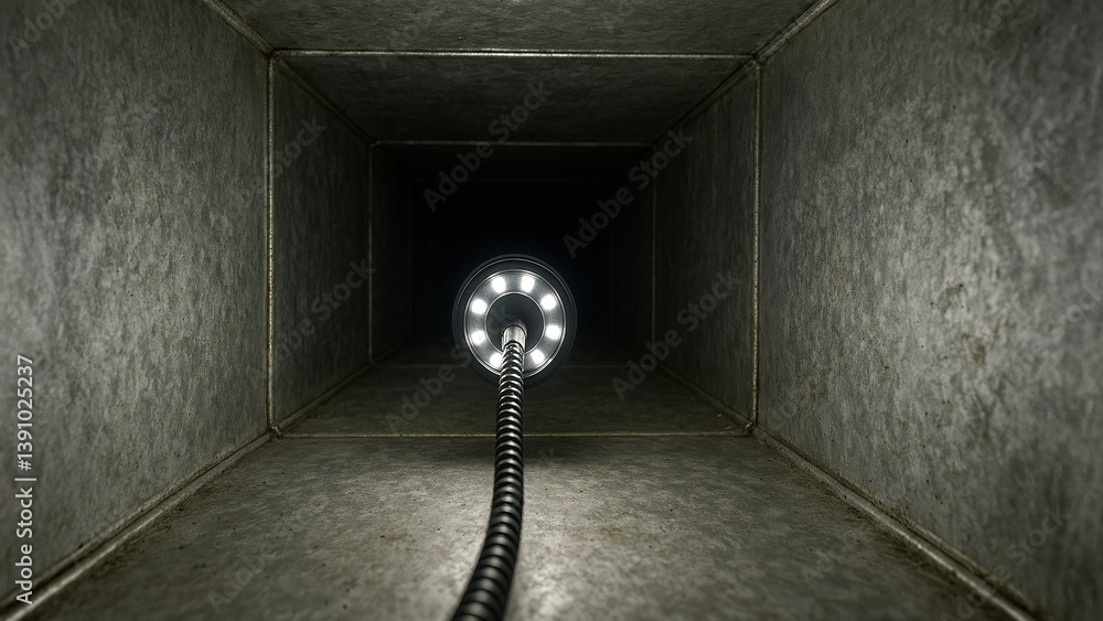 Poster view inside air duct showcasing engineering design with light source illuminating metallic interior 