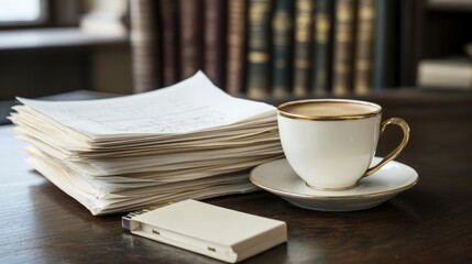 Fototapeta premium Folded blueprints stacked beside coffee cup and USB drive on dark wood engineering desk, no people