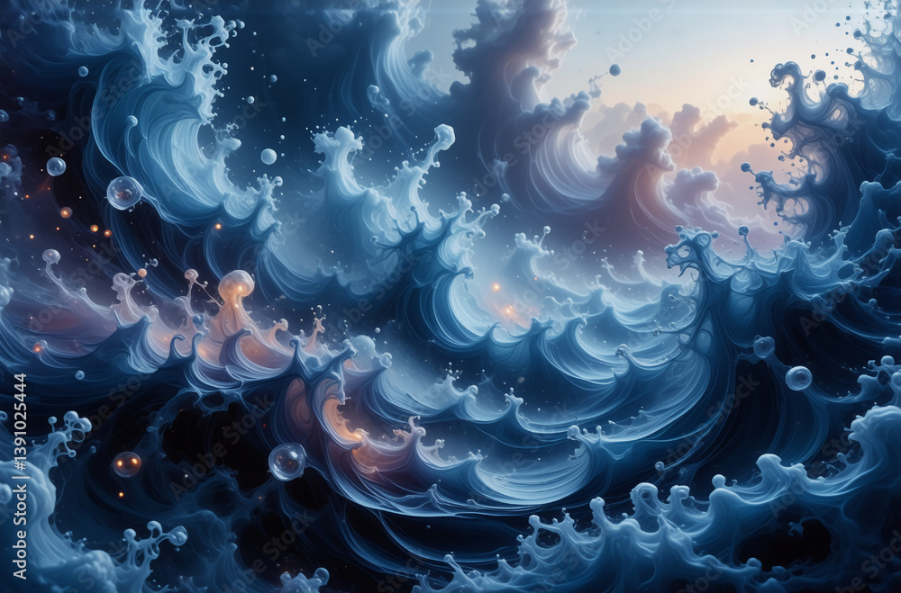 Aufkleber dynamic ocean waves swirl with white foam and bubbles, bathed in a soft, gentle light creating a tra