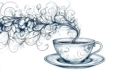 Elegant Floral Design with Coffee Cup and Delicate Nature Elements