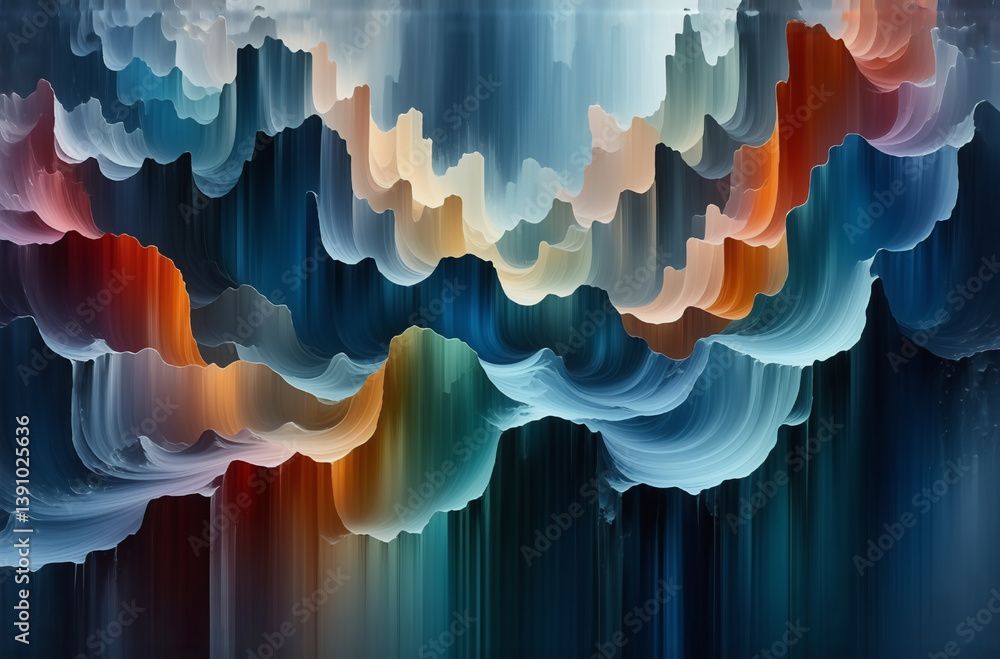 Poster abstract fluid art with flowing waves of blue, orange, and white hues, creating a dynamic and calmin