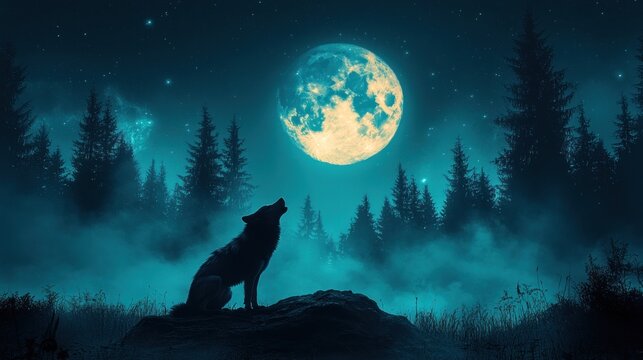 Silhouetted wolf howling at the moon in a mystical forest at night