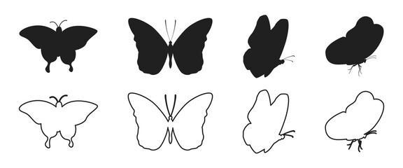 Set of butterfly silhouette vector illustrations on a white background.