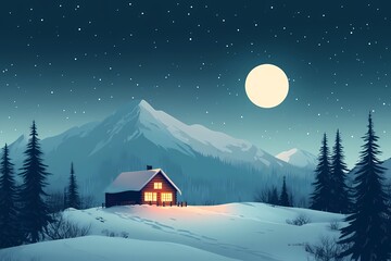Winter Night Serenity: Moonlit Snow-Covered Mountain Landscape with Cozy Cabin and Starry Night Sky in Idyllic Rural Forest