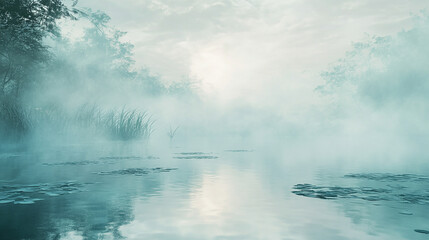 Fog rolling over a mirror-like pond, soft pastel sky