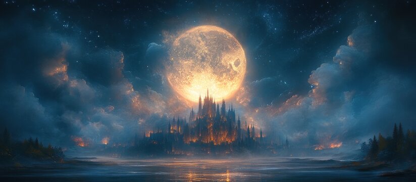 Mystical castle island at night, moonlit, foggy landscape - Powered by Adobe