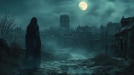 Obraz premium Woman stares at misty, gothic town at night under full moon