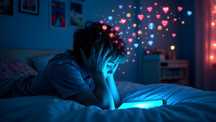 "A teen drowns in social media chaos glowing from their phone. Messy bedroom contrasts neon digital storm. Blue light highlights their exhausted face in hands."