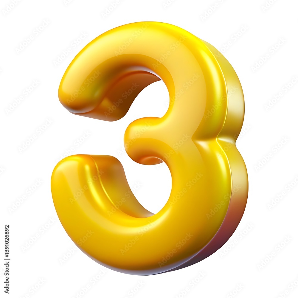 Fototapete a shiny golden number three with a glossy finish on a white background in a studio shot style