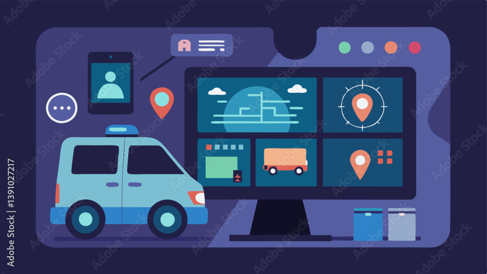 Poster monitoring dashboard a dashboard view inside the van with multiple screens displaying a map video fe