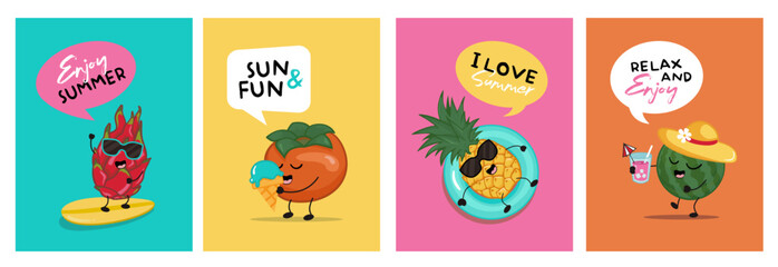 Summer fruits characters cards. Colorful cartoons for summer.	
