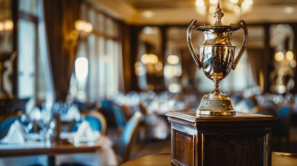Luxury restaurant interior with golden trophy on wooden podium, elegant award ceremony concept for fine dining excellence and culinary achievement.