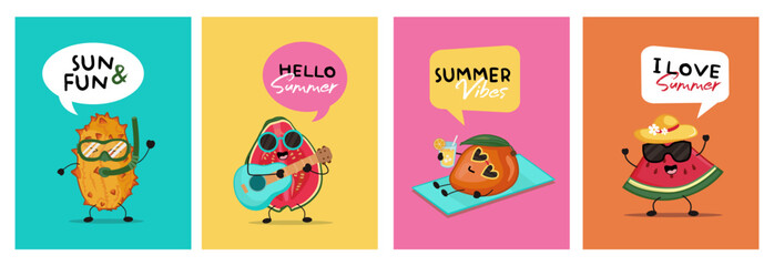 Summer fruits characters cards. Colorful cartoons. Hello summer.	Sun and fun. 