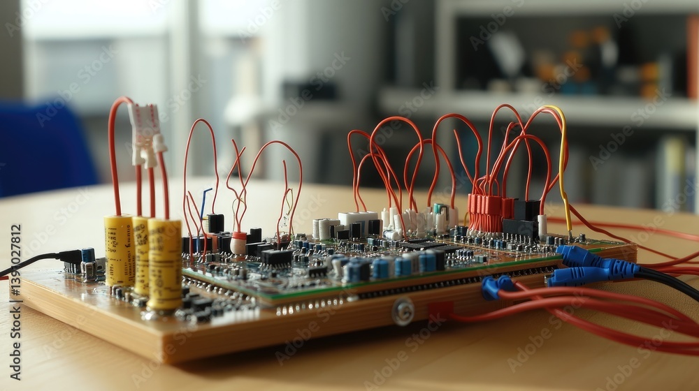 Poster microcontroller development board with connected jumper wires and sensors, electrical project in pro