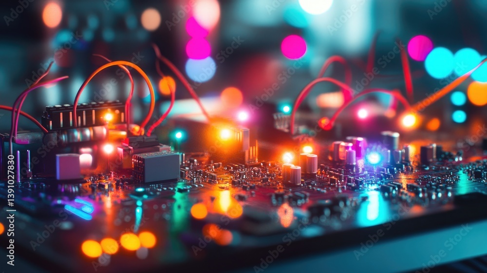 Poster microcontroller development board with connected jumper wires and sensors, electrical project in pro