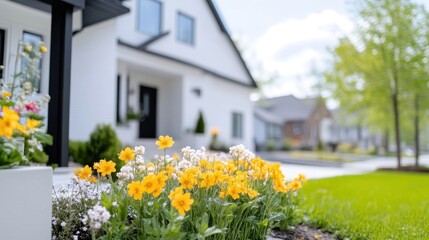 Fototapeta premium Yellow Flowers White House Modern Bright Sharp Focus Landscape Close-up View Lush Greenery Spring Bloom Suburban Neighborhood Warm Sunny Real Estate Marketing