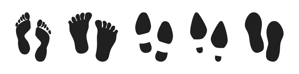 Human walking footprints shoes and shoe sole. Kids feet and foot steps Fun vector footsteps icon or sign for print. Different human footprints.