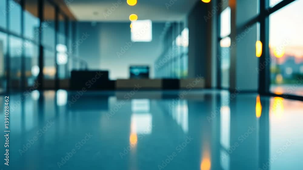 Poster abstract blur of a modern office building. the floor is highly reflective, showing lights and the sc