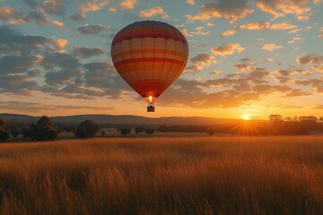 Obraz premium Sunrise Hot Air Balloon Ride Over Golden Fields