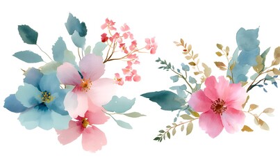Fototapeta premium Watercolour floral elements for English country garden wedding invitation. Generative AI