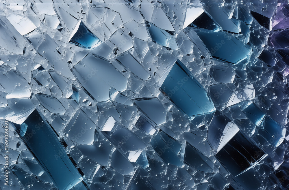 Poster shattered blue and white glassy pieces are scattered on a rough surface, creating an abstract and fr