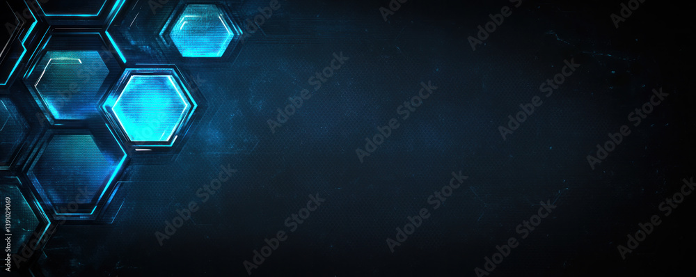 Poster a blue background with hexagonal shapes. the shapes are blue and are arranged in a way that they loo