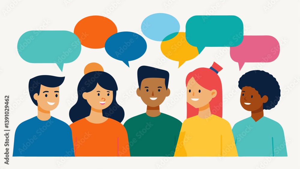 Poster encouragement a friends a group of diverse students surrounded by colorful speech bubbles showing su