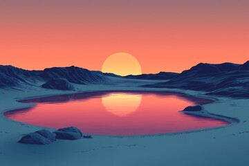 Stunning Sunset Reflection: Serene Landscape with Vibrant Colors and Silhouetted Peaks