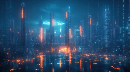 Obraz premium Futuristic city skyline at night with neon lights reflecting on water